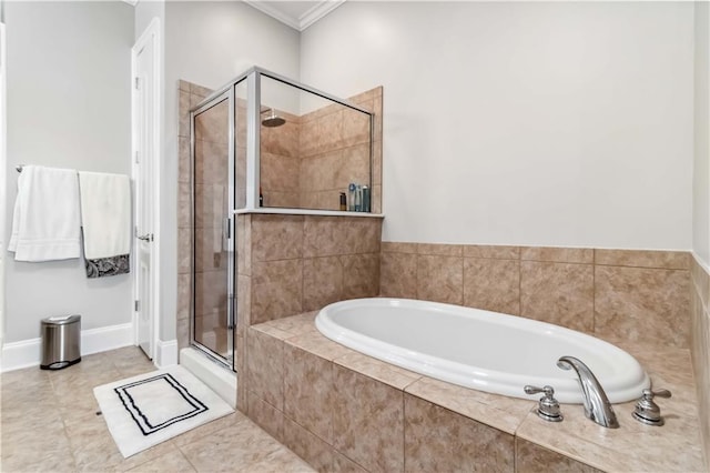 2300 Peachford Rd Unit 1410, Atlanta, GA 30338 - bathroom featuring separate shower and tub, tile patterned floors, and crown molding