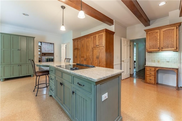 335 Cameron Ridge Dr, Atlanta, GA 30328 - kitchen with light floors, a kitchen island, black electric stovetop, light countertops, and beam ceiling
