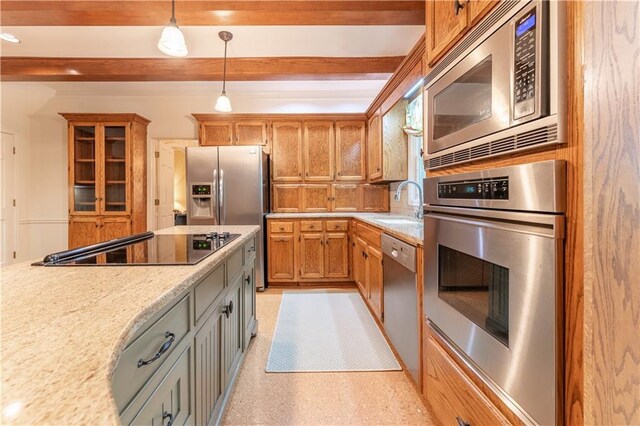 335 Cameron Ridge Dr, Atlanta, GA 30328 - kitchen with brown cabinetry, beamed ceiling, stainless steel appliances, and a sink