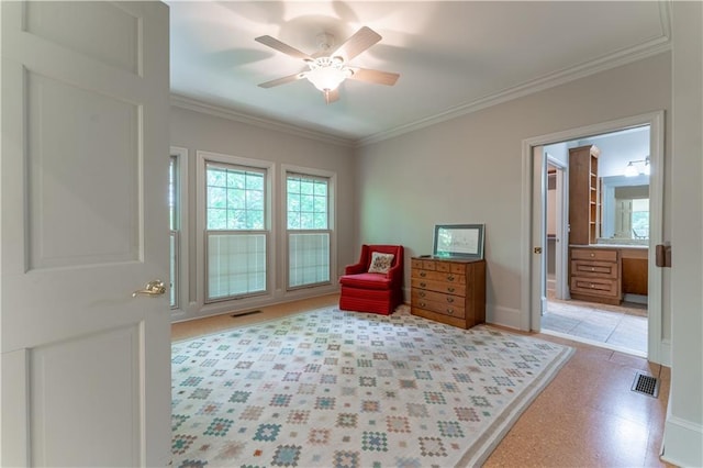 335 Cameron Ridge Dr, Atlanta, GA 30328 - sitting room featuring crown molding, baseboards, a ceiling fan, and visible vents