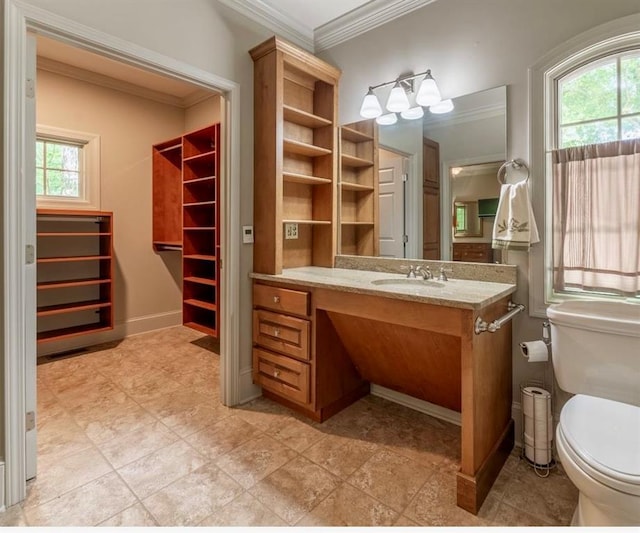 335 Cameron Ridge Dr, Atlanta, GA 30328 - bathroom with toilet, baseboards, vanity, and crown molding