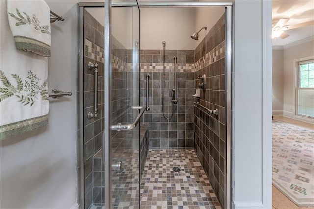 335 Cameron Ridge Dr, Atlanta, GA 30328 - full bath featuring a stall shower, crown molding, and baseboards