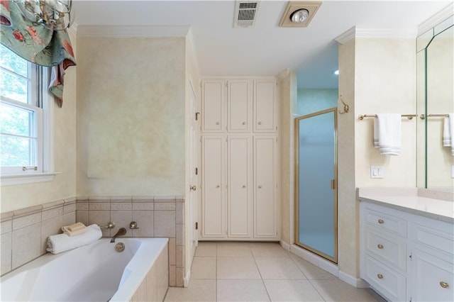 335 Cameron Ridge Dr, Atlanta, GA 30328 - bathroom with a garden tub, a stall shower, visible vents, tile patterned flooring, and vanity