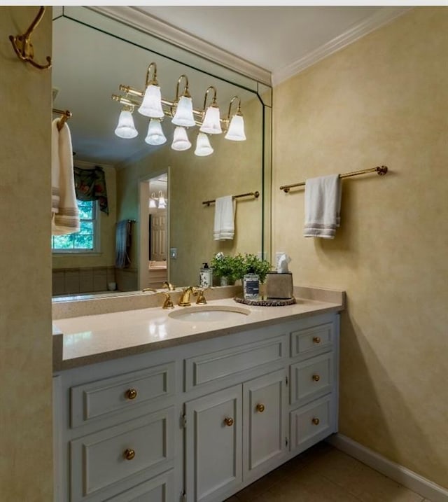 335 Cameron Ridge Dr, Atlanta, GA 30328 - bathroom featuring tile patterned floors, crown molding, baseboards, and vanity