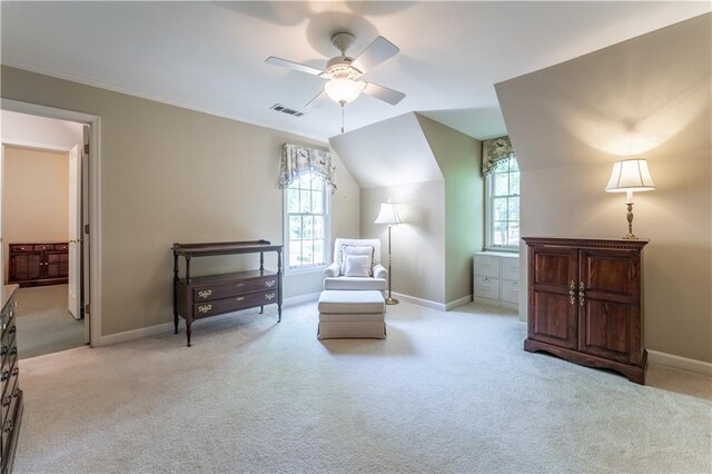 335 Cameron Ridge Dr, Atlanta, GA 30328 - living area featuring a ceiling fan, a wealth of natural light, visible vents, and light colored carpet
