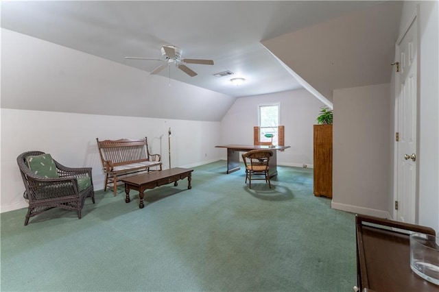 335 Cameron Ridge Dr, Atlanta, GA 30328 - sitting room with carpet, a ceiling fan, visible vents, baseboards, and lofted ceiling