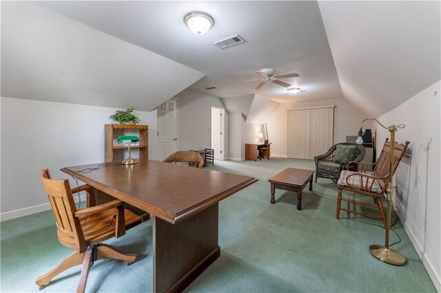 335 Cameron Ridge Dr, Atlanta, GA 30328 - office with lofted ceiling, visible vents, ceiling fan, carpet flooring, and baseboards