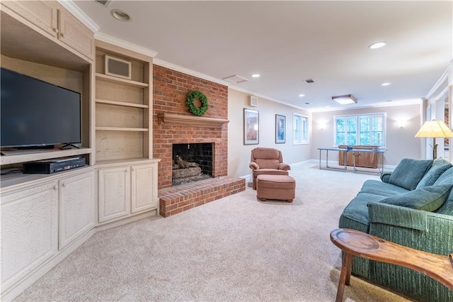 335 Cameron Ridge Dr, Atlanta, GA 30328 - carpeted living room with a brick fireplace, baseboards, ornamental molding, and recessed lighting