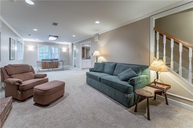 335 Cameron Ridge Dr, Atlanta, GA 30328 - living area featuring ornamental molding, visible vents, recessed lighting, carpet floors, and baseboards