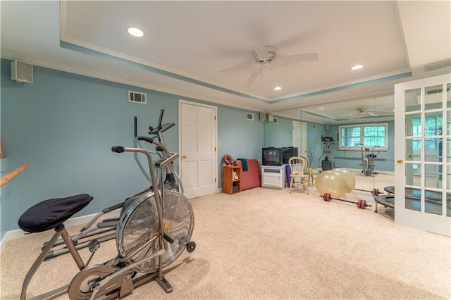 335 Cameron Ridge Dr, Atlanta, GA 30328 - exercise room with a ceiling fan, carpet flooring, a tray ceiling, and visible vents