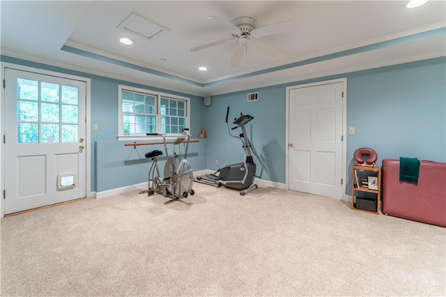 335 Cameron Ridge Dr, Atlanta, GA 30328 - workout room featuring recessed lighting, a tray ceiling, visible vents, and carpet floors