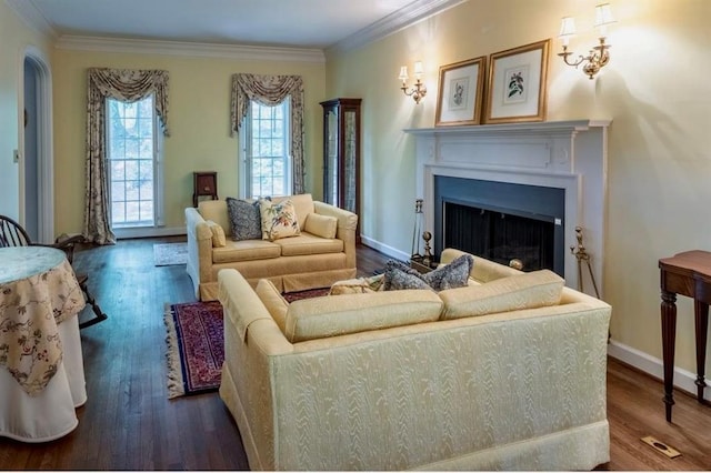 335 Cameron Ridge Dr, Atlanta, GA 30328 - living room with crown molding, baseboards, wood finished floors, and a fireplace