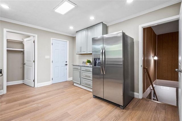 1623 Athens Ave SW, Atlanta, GA 30310 - kitchen featuring light wood-style floors, crown molding, stainless steel fridge with ice dispenser, recessed lighting, and gray cabinets