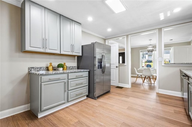 1623 Athens Ave SW, Atlanta, GA 30310 - kitchen with stainless steel fridge with ice dispenser, gray cabinetry, baseboards, and ornamental molding