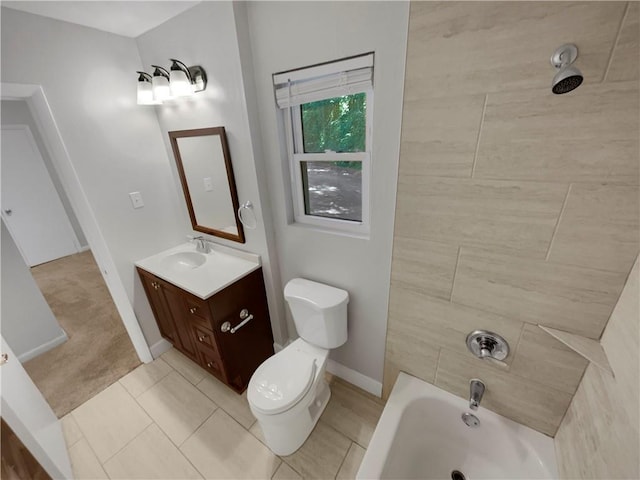 full bathroom with tiled shower / bath, tile patterned flooring, vanity, and toilet