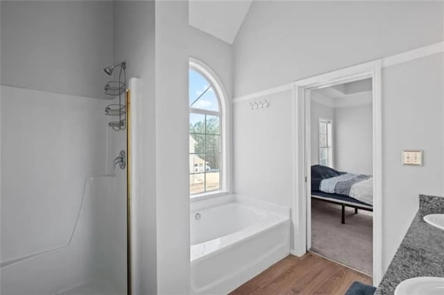 4021 Melvin Dr SW, Atlanta, GA 30331 - bathroom featuring a garden tub, a shower stall, double vanity, vaulted ceiling, and wood finished floors