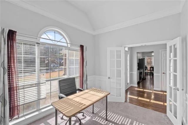 4021 Melvin Dr SW, Atlanta, GA 30331 - office featuring french doors, vaulted ceiling, ornamental molding, and carpet floors