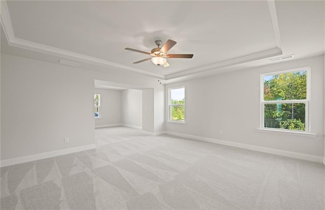 spare room featuring a raised ceiling, light colored carpet, and ceiling fan