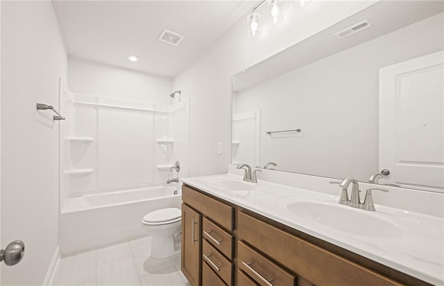 full bathroom with toilet, tile patterned flooring,  shower combination, and vanity