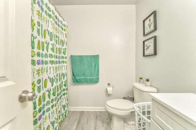 bathroom featuring vanity, toilet, and hardwood / wood-style floors