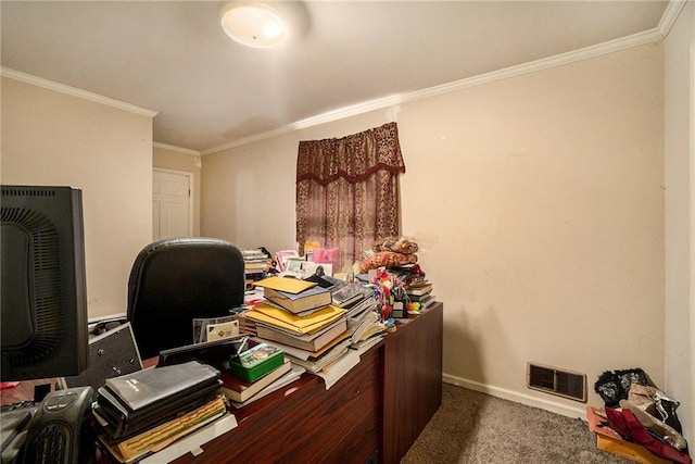 home office with dark carpet and ornamental molding