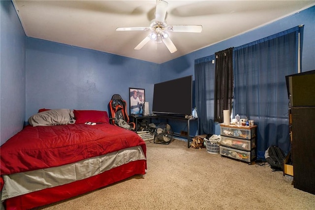 carpeted bedroom featuring ceiling fan