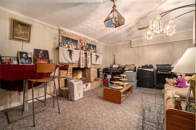 interior space with a brick fireplace, crown molding, a textured ceiling, and carpet flooring