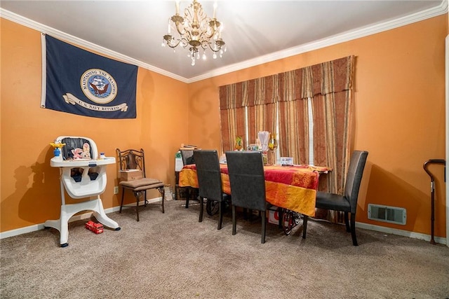 dining room with an inviting chandelier, carpet floors, and ornamental molding