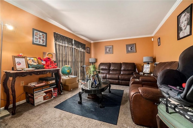 carpeted living room with ornamental molding