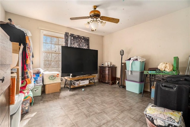 interior space with ceiling fan and light parquet floors