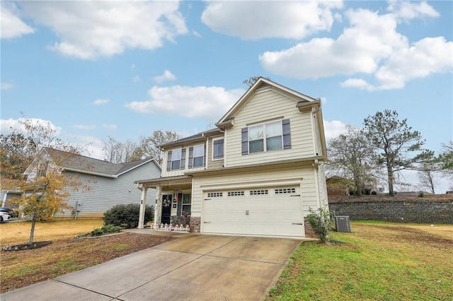 craftsman house featuring a garage, a front lawn, and central air condition unit