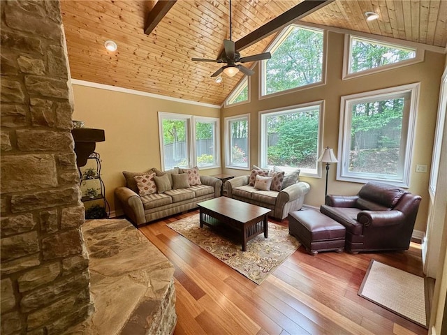 3397 Holly Glen Dr, Dacula, GA 30019 - living room with wooden ceiling, ceiling fan, high vaulted ceiling, and wood-type flooring