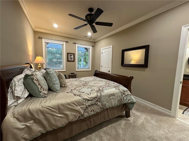 3397 Holly Glen Dr, Dacula, GA 30019 - carpeted bedroom featuring crown molding, ceiling fan, baseboards, recessed lighting, and ensuite bath