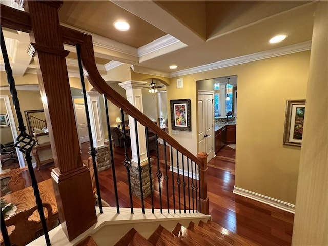 3397 Holly Glen Dr, Dacula, GA 30019 - staircase with ornate columns, wood-type flooring, ceiling fan, baseboards, and ornamental molding