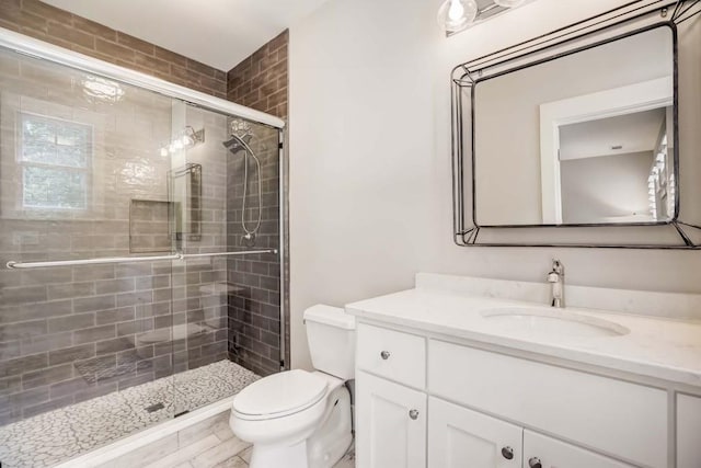 bathroom with vanity, toilet, and walk in shower