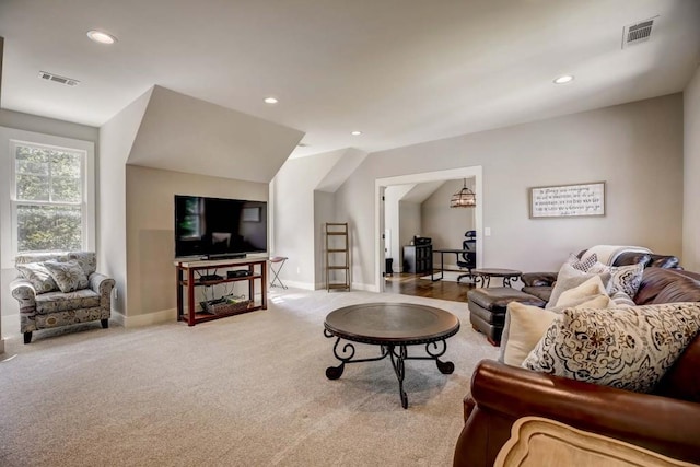 living room featuring light colored carpet