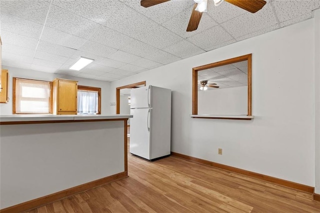 interior space featuring light wood-style floors, ceiling fan, baseboards, and a drop ceiling