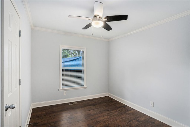 unfurnished room with ceiling fan, visible vents, baseboards, and dark wood-style flooring