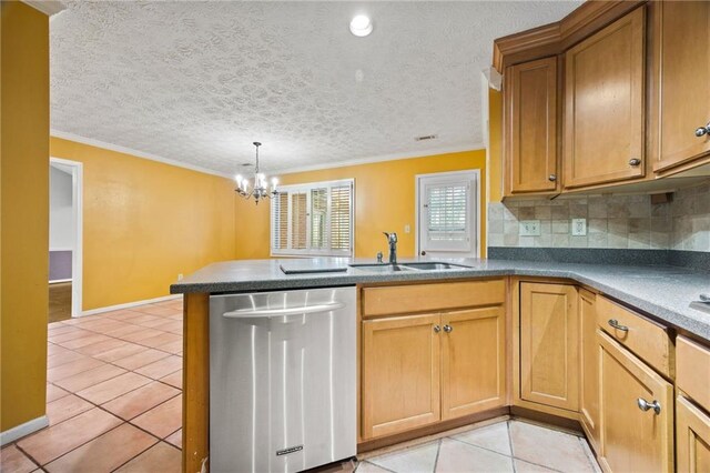 kitchen featuring dishwasher, decorative backsplash, crown molding, light tile patterned floors, and kitchen peninsula