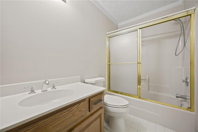 full bathroom featuring enclosed tub / shower combo, toilet, a textured ceiling, vanity, and crown molding