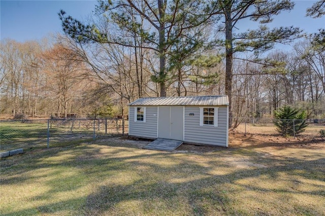 view of shed with a fenced backyard