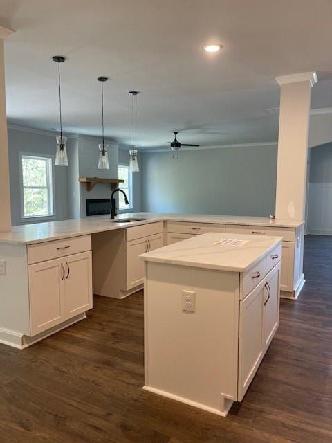 222 Silvercrest Dr, Acworth, GA 30101 - kitchen featuring a sink, ceiling fan, dark wood-type flooring, crown molding, and healthy amount of natural light