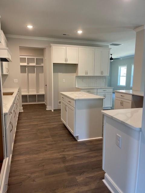 222 Silvercrest Dr, Acworth, GA 30101 - kitchen featuring crown molding, white cabinetry, dark wood finished floors, recessed lighting, and ceiling fan