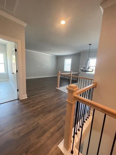 222 Silvercrest Dr, Acworth, GA 30101 - hallway with an upstairs landing, ornamental molding, baseboards, wood finished floors, and recessed lighting