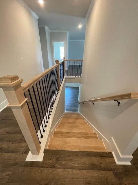 222 Silvercrest Dr, Acworth, GA 30101 - stairway featuring ornamental molding, wood finished floors, baseboards, and recessed lighting