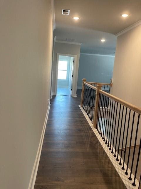 222 Silvercrest Dr, Acworth, GA 30101 - hallway featuring ornamental molding, wood finished floors, baseboards, recessed lighting, and an upstairs landing
