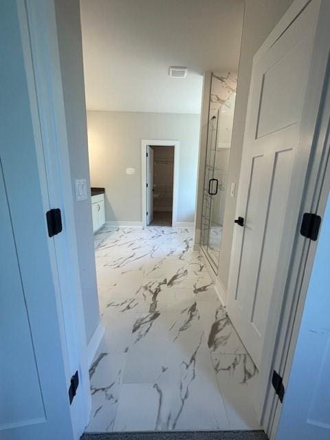 222 Silvercrest Dr, Acworth, GA 30101 - full bathroom featuring marble finish flooring, a stall shower, and baseboards