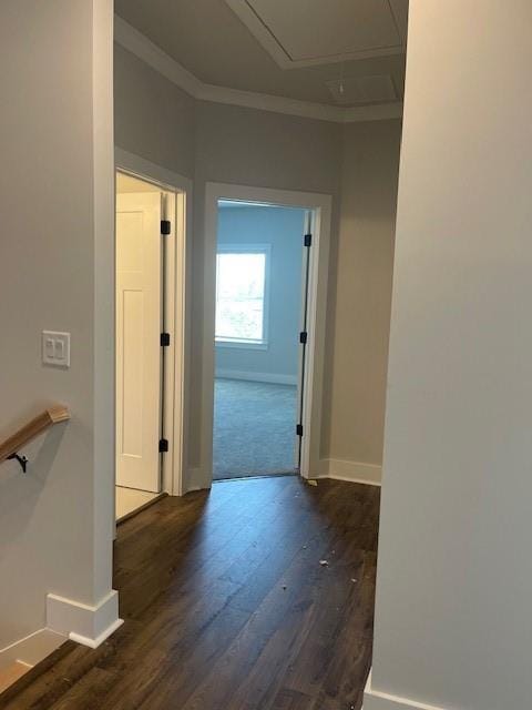 222 Silvercrest Dr, Acworth, GA 30101 - hall with crown molding, attic access, baseboards, and dark wood-type flooring