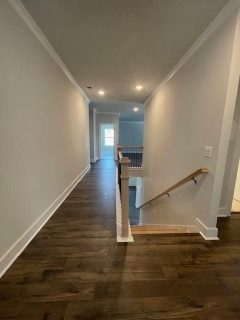 222 Silvercrest Dr, Acworth, GA 30101 - corridor with crown molding, baseboards, dark wood-style flooring, recessed lighting, and an upstairs landing