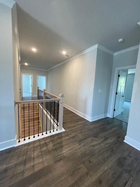 222 Silvercrest Dr, Acworth, GA 30101 - hall featuring an upstairs landing, ornamental molding, baseboards, wood finished floors, and recessed lighting